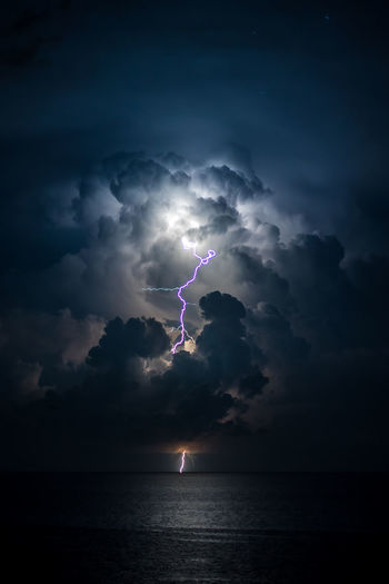 Scenic view of sea against sky during store and lightning strike