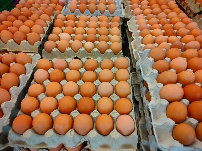 High angle view of eggs in market