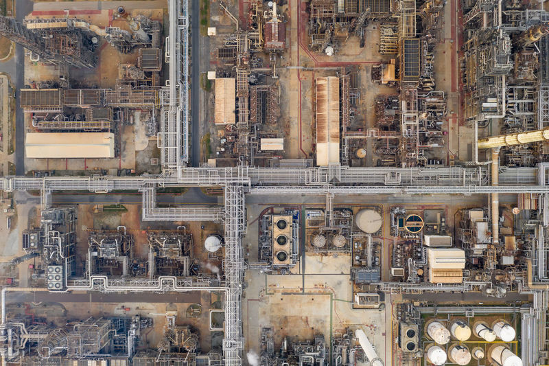 Refinery industry pipeline and storage top view from drone