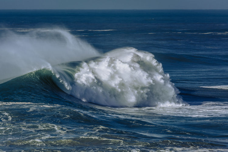 Big wave breaking at praia do norte, nazare