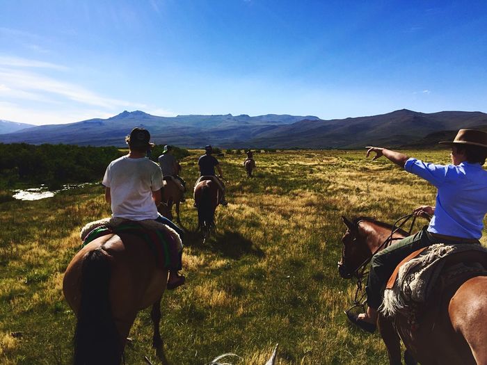 Rear view of horse riding on landscape