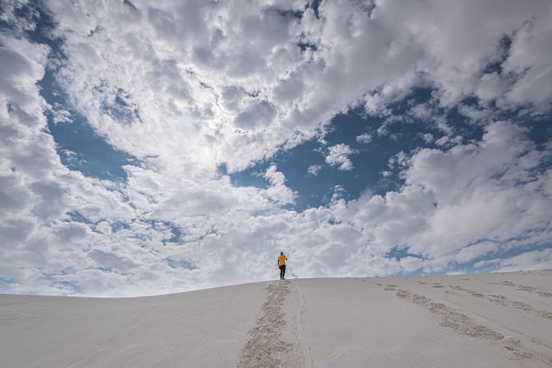 Rear view of man standing on sand in desert against sky