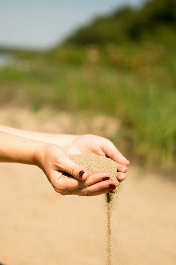 Close-up of hand holding sand