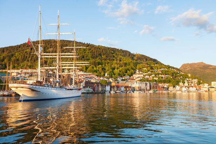 Sailing ship entering the port of bergen, norway