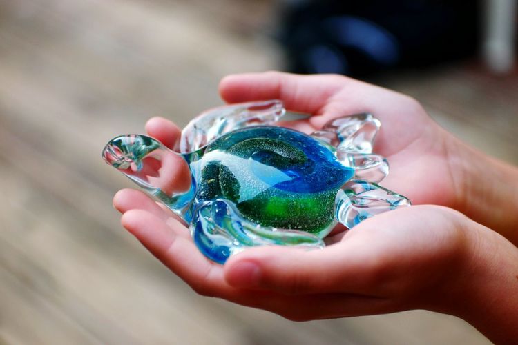 Close-up of hand holding glass turtle figurine