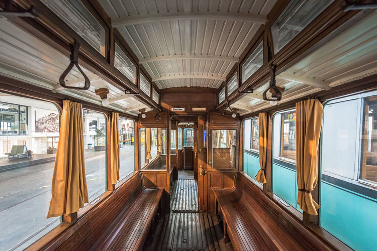Interior of empty cable car in city