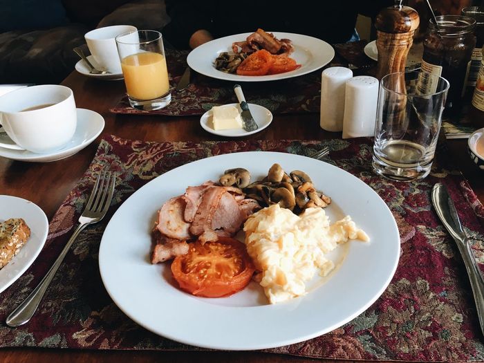 High angle view of food served on table