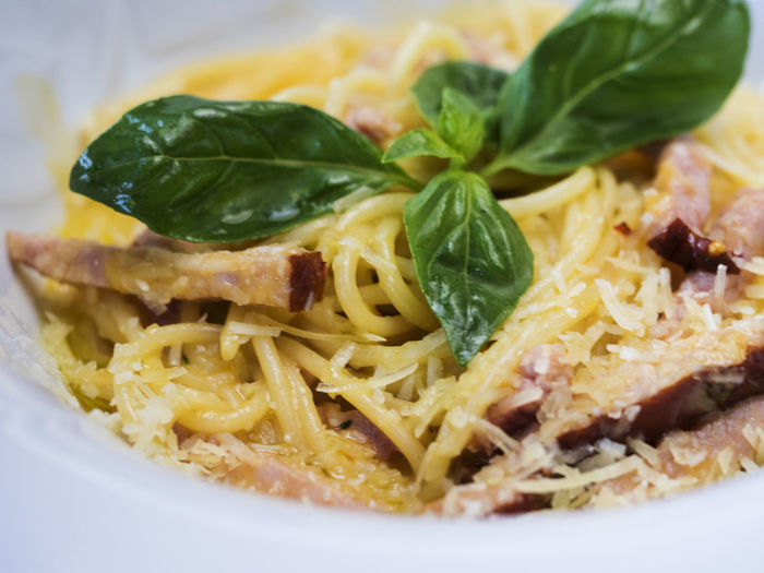 Close-up of pasta with carbonara sauce in bowl