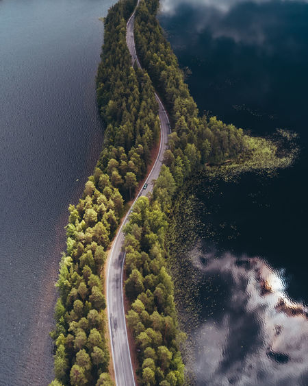 Aerial view of road amidst trees by lake