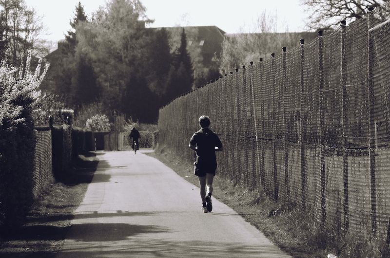 Rear view of woman walking on road amidst trees