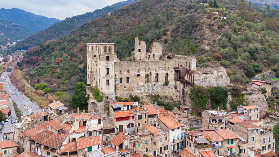 Aerial view of ruins of dolceacqua castle ligurian historic site near bordighera