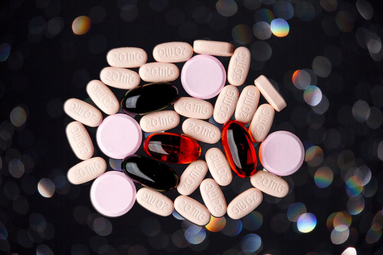High angle view of multi colored pills