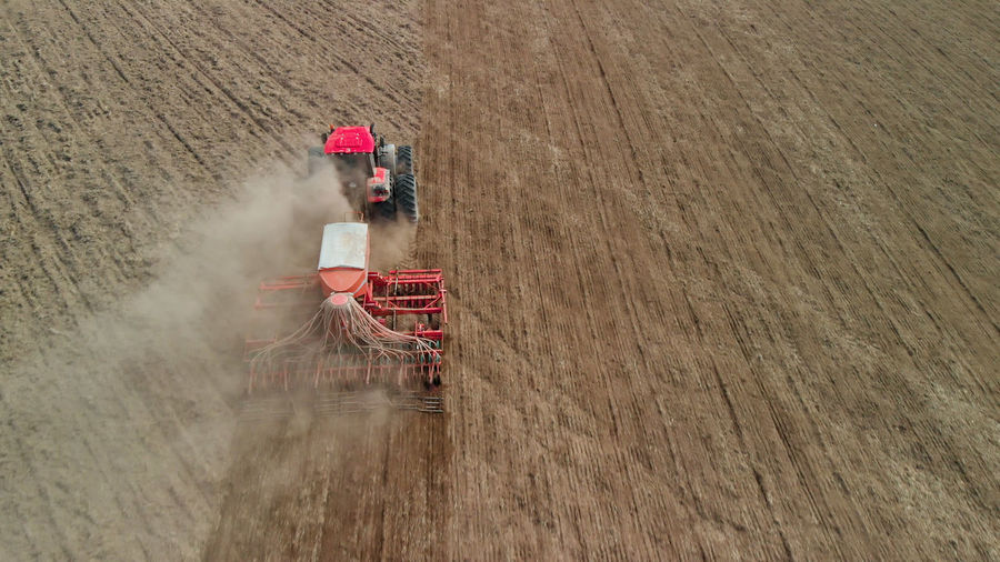 High angle view of man working on agricultural field
