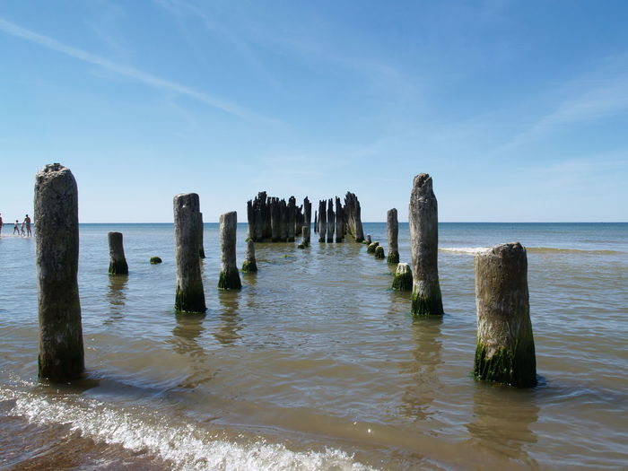 Wooden posts in sea against sky