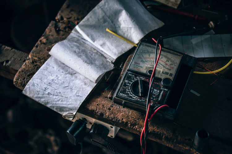High angle view of old machine