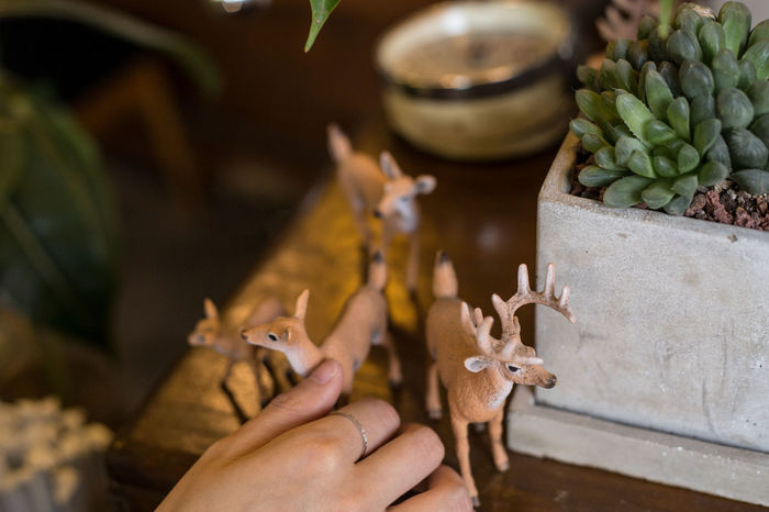 Close-up of hand by deer figurines on table