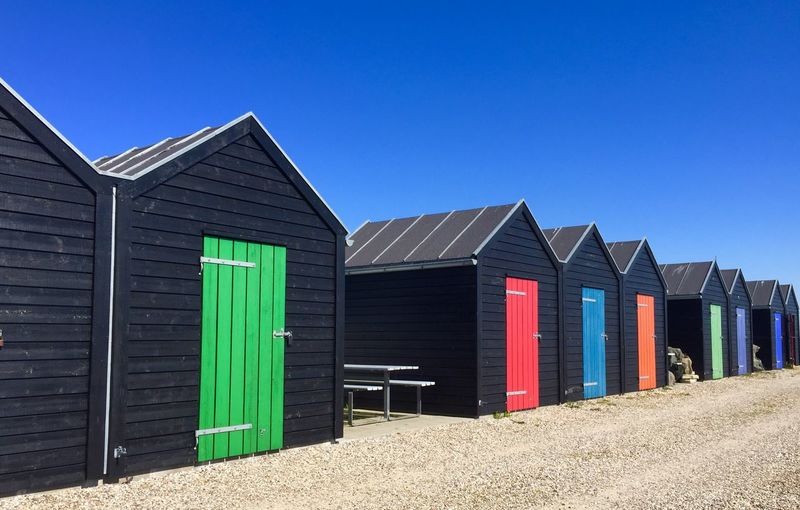 Scenic view of beach huts against clear sky