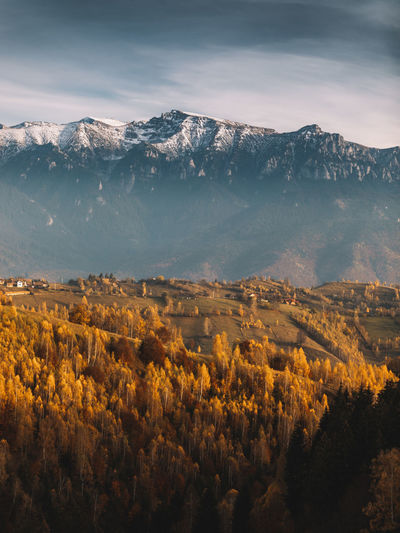Autumn  landscape.famous alpine village and high snowy mountains in background near bran, village.