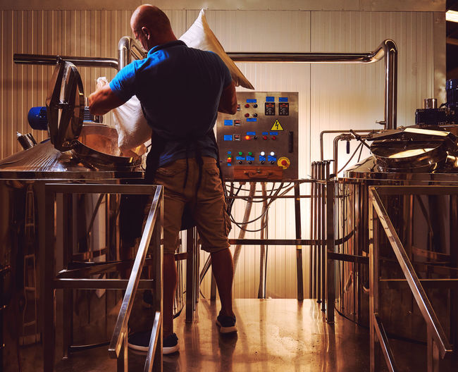 Rear view of man working in brewery