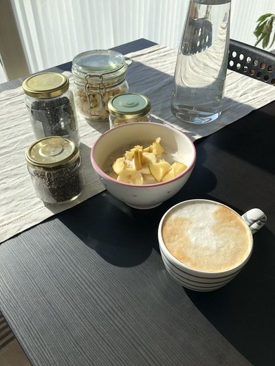 High angle view of breakfast on table