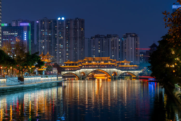 Chengdu anshun bridge and jinjiang river at night, sichuan province, china