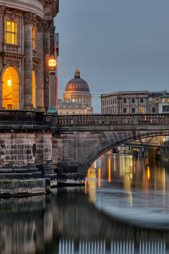 Detailed view of the museum island in berlin at dawn with the reconstructed city palace in the back