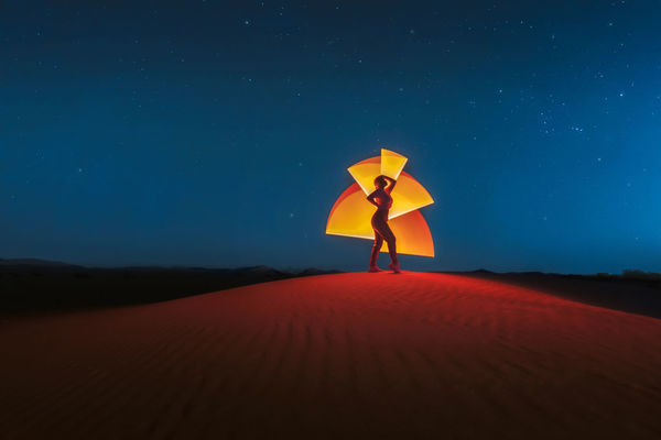 MAN STANDING ON DESERT AGAINST SKY