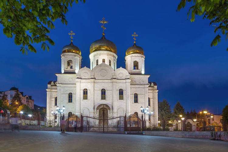 Spassky cathedral in pyatigorsk city center in evening, russia