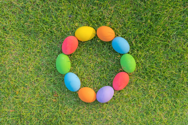 High angle view of easter eggs on grassy field