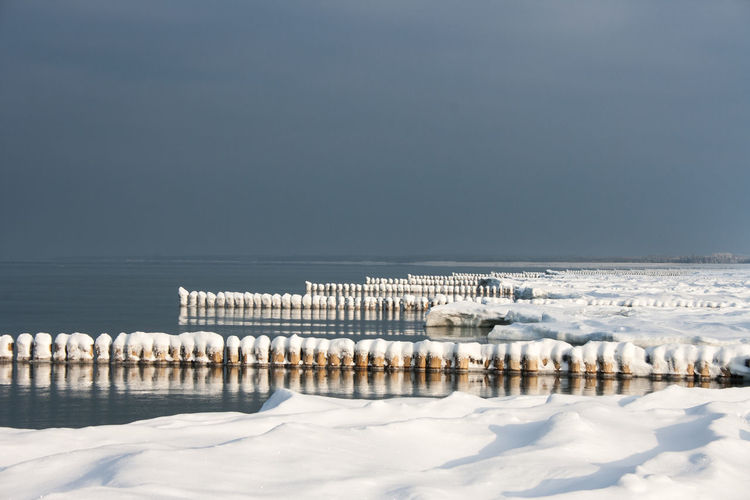 Scenic view at baltic sea at frozen and snowy beach against clear sky during winter time 