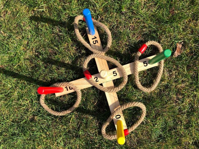 High angle view of toy on field