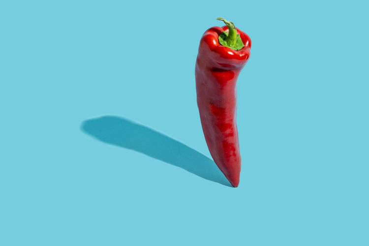 Close-up of red chili pepper against blue background
