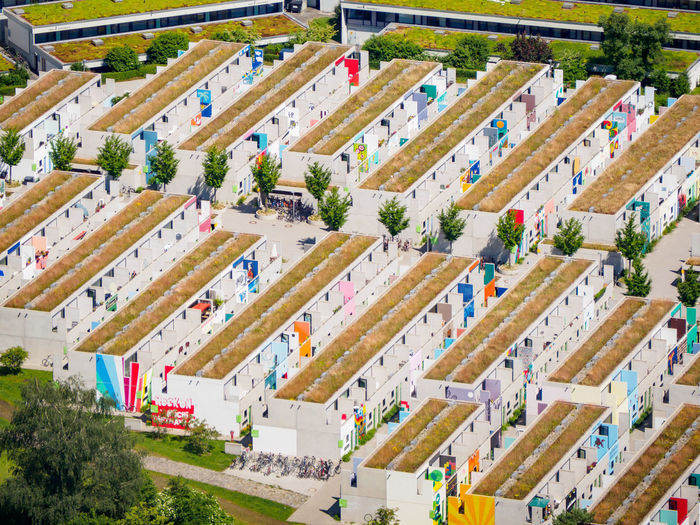 Wide aerial view of the student village, apartments for students. munich, germany.