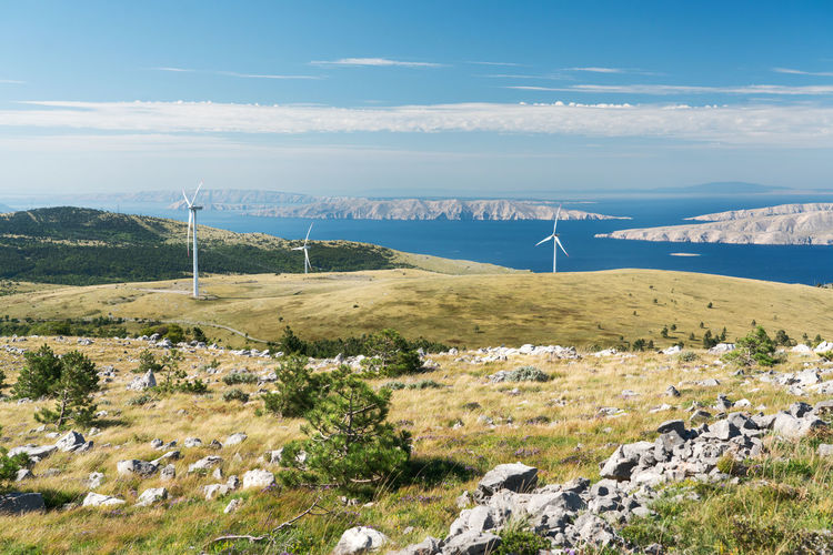 Wind turbines in the grasslands of the croatian mountains in summer.