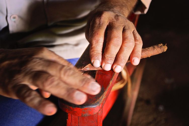 Cropped image of male worker rolling cigar at workshop