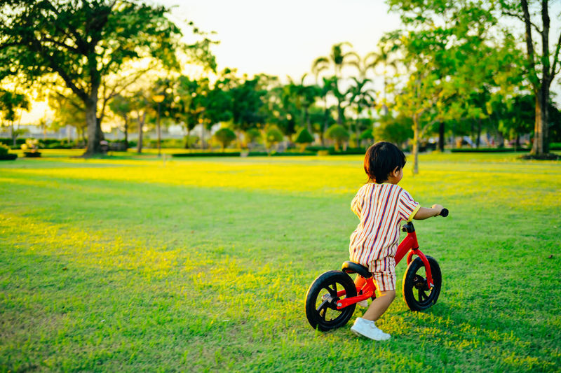 Boy riding push scooter on field