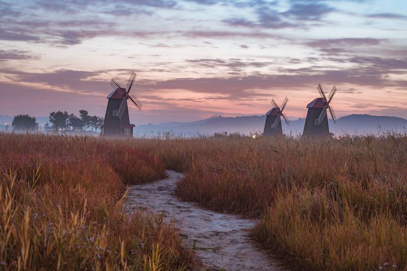 Traditional windmill on field against sky during sunset