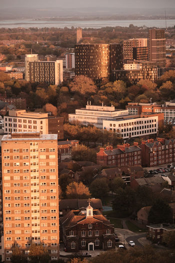 High angle view of high rise buildings in portsmouth city centre 