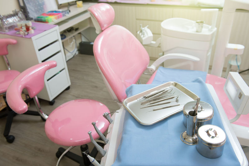 High angle view of medical equipment on table in dentist office 