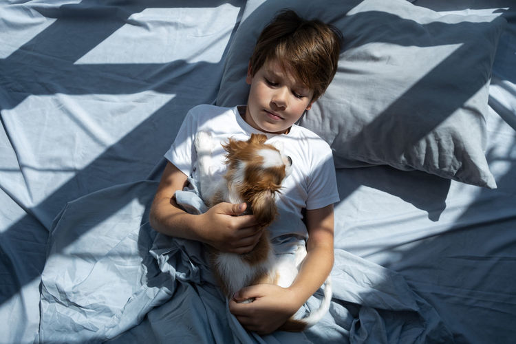 Boy with a dog in an embrace lies in bed. sleep with pets. cute puppy cavalier king charles spaniel