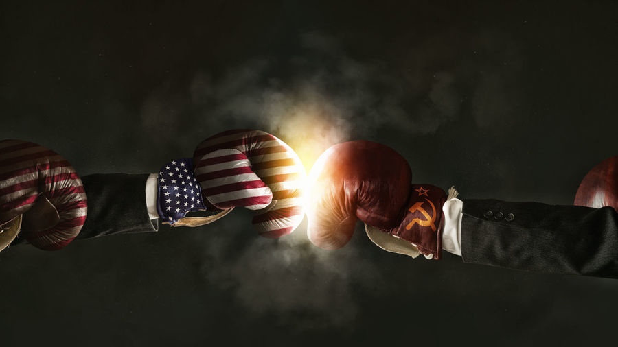 Low angle view of america and russia boxing