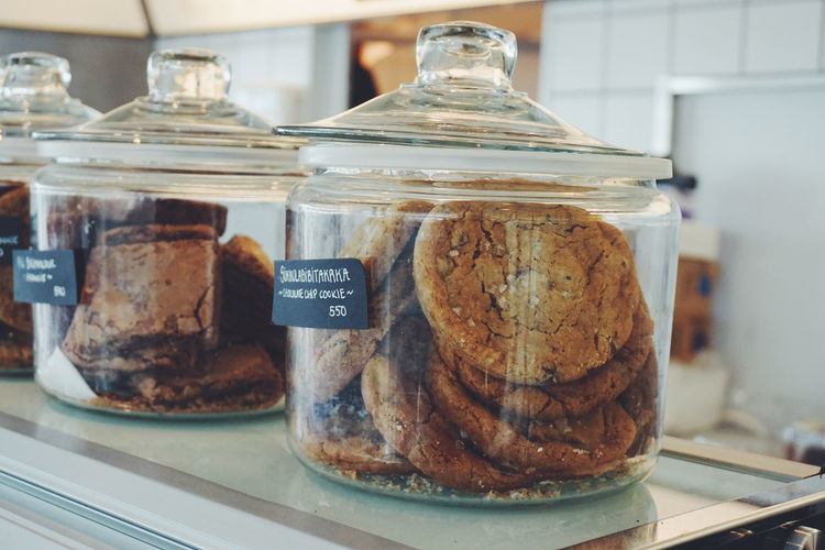 Close-up of cookies in glass jar
