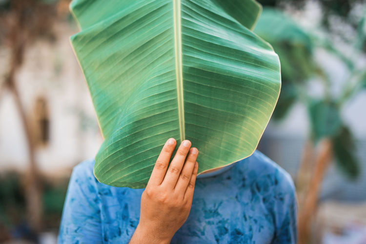 Midsection of person holding banana leaf over face