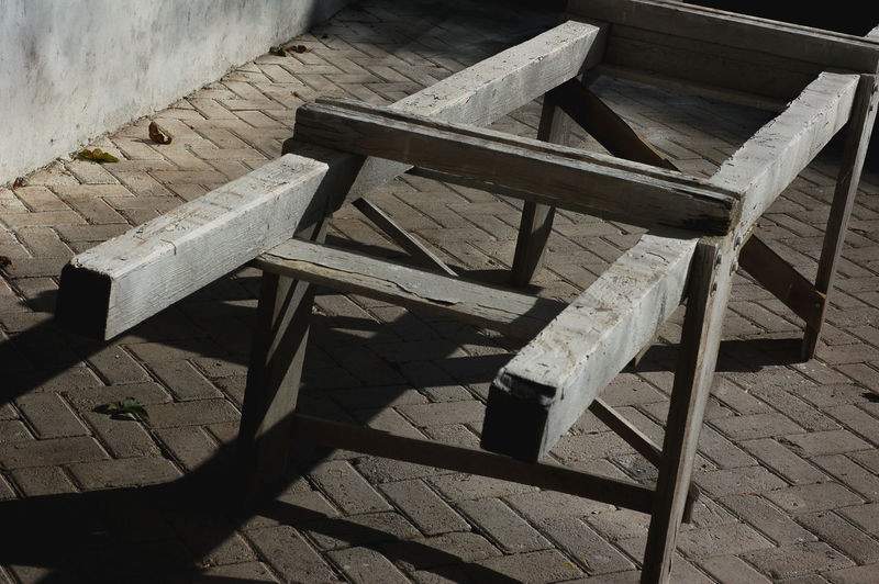High angle view of empty bench on table