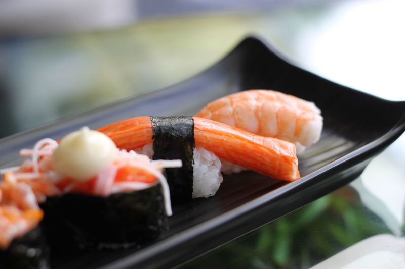 Close-up of sushi served in plate