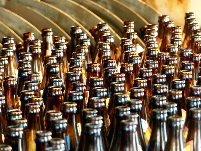 Close-up of old beer bottles