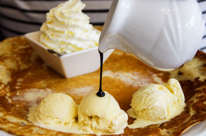 Close-up of icecream and pancakes