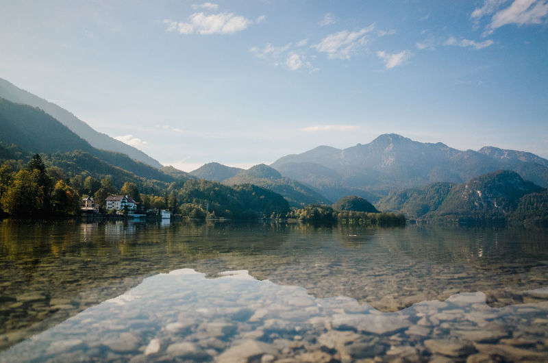 Scenic view of lake and mountains against sky