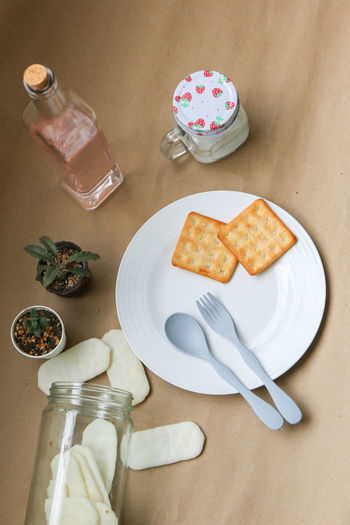 High angle view of dessert in plate on table