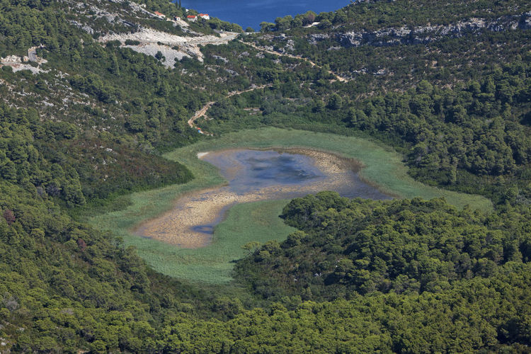 Aerial view of brackish wetland on mljet island, croatia